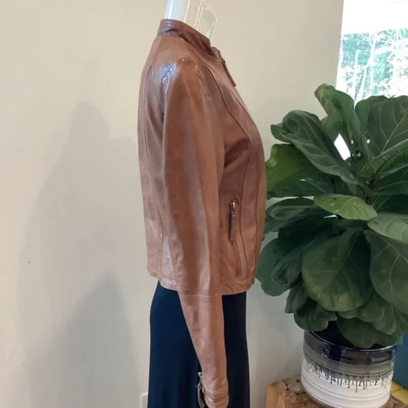 NEW BLACK RIVET CAMEL BROWN BIKER LEATHER JACKET SIZE S - Picture 8 of 16